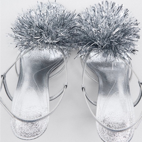 BLOGGERS FAV ZARA SILVER METALLIC POMPOM HEELED SANDALS - Picture 7 of 8
